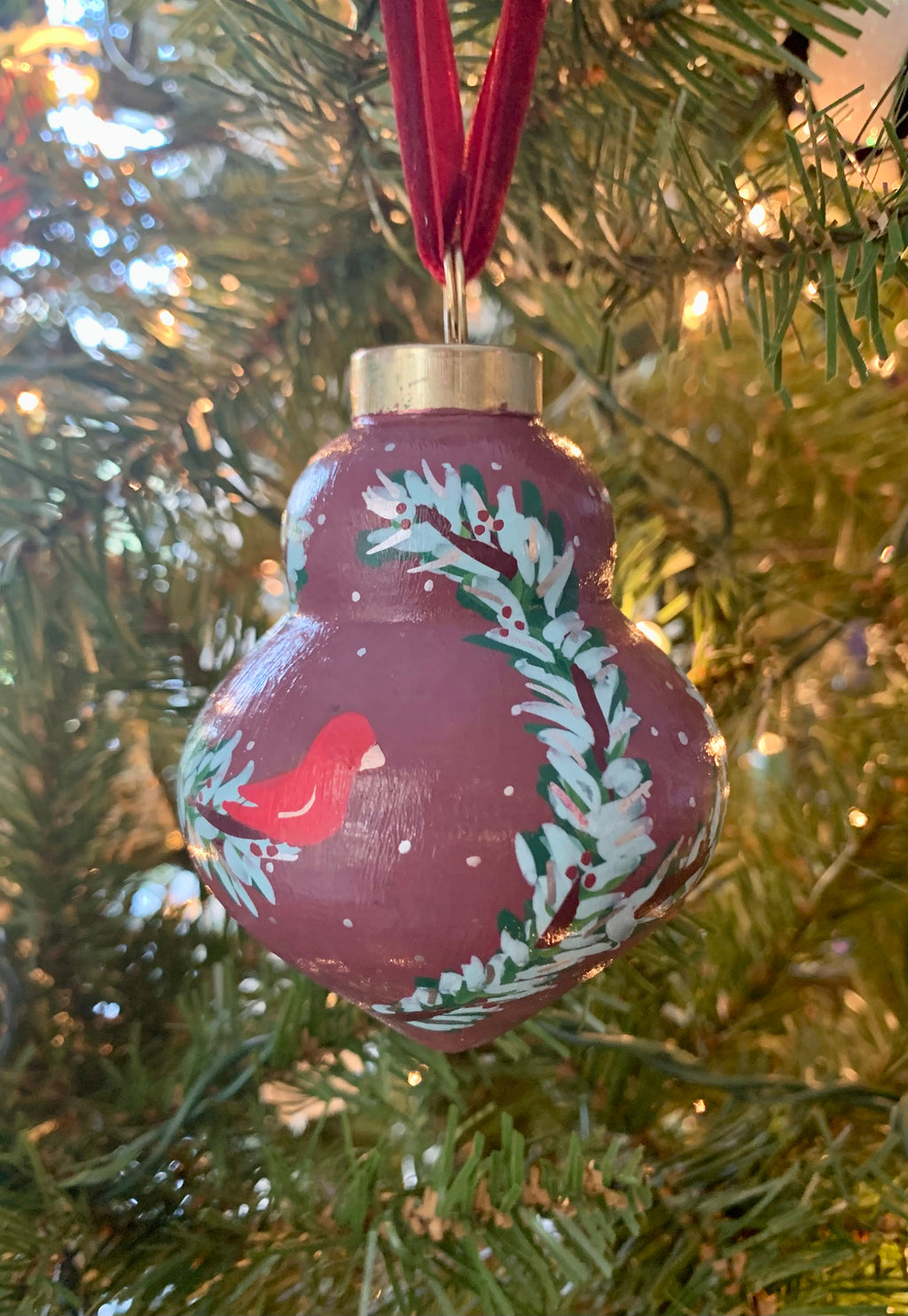 Hand-painted Ceramic Ornament Snowy Branches with Cardinal