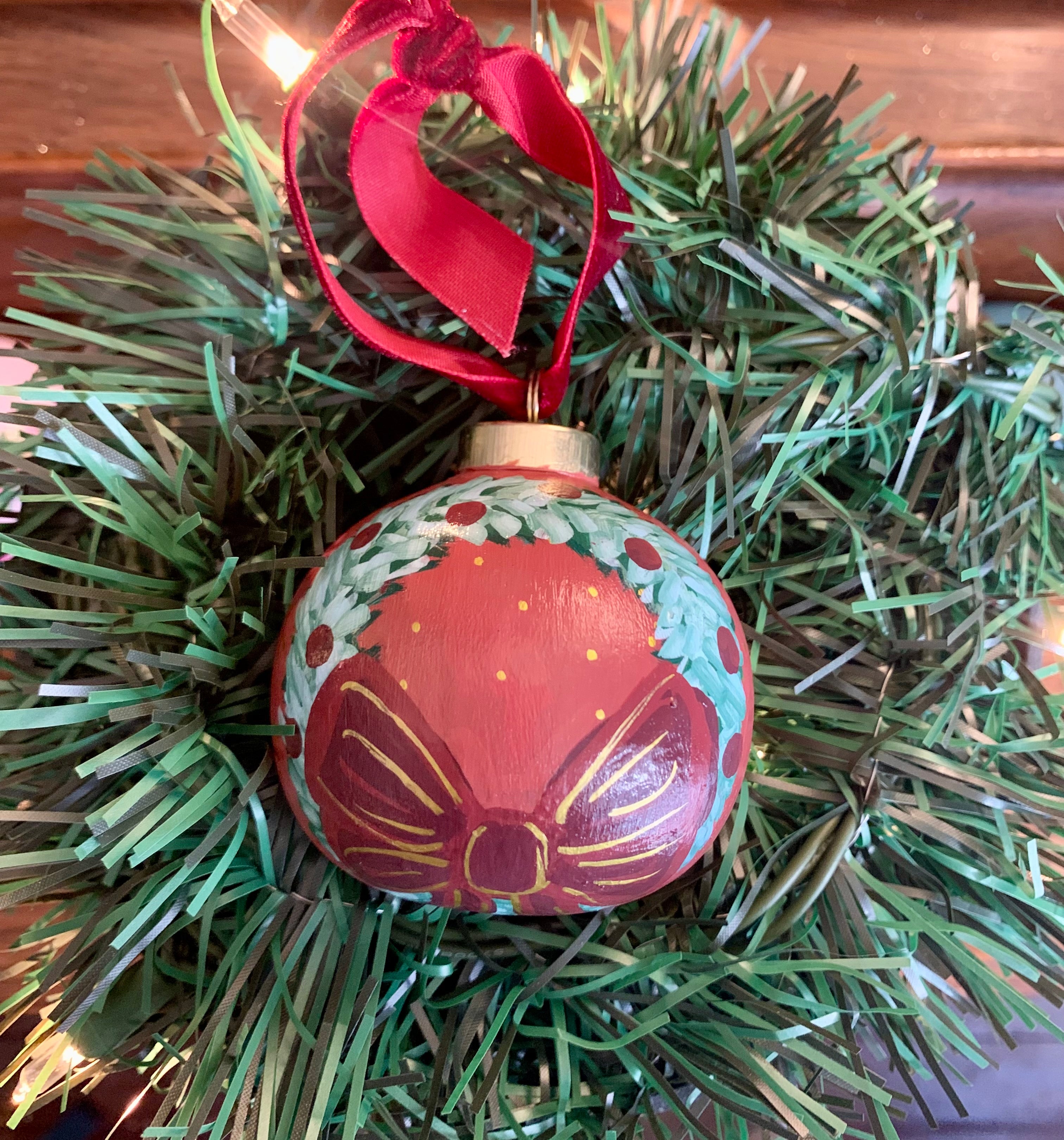 Hand-painted Ceramic Ornament with Burgundy Bow and Ornaments on Wreath