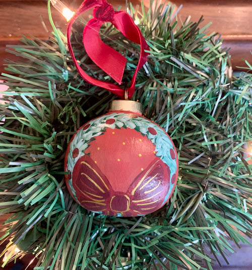 Burgundy Bow on Wreath Hand-Painted Ceramic Ornament