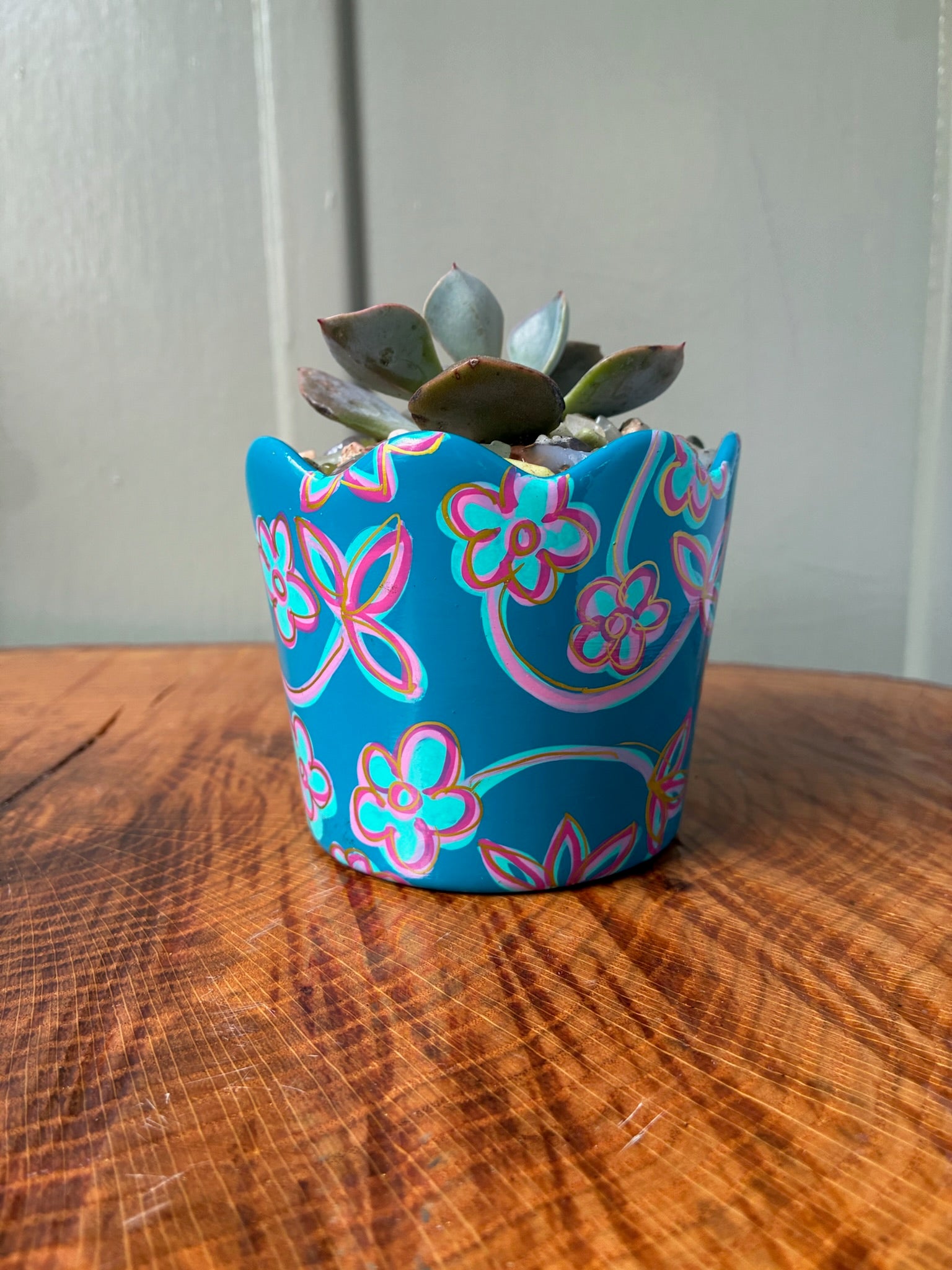 Floral Swoops- pinks on blues with gold accents