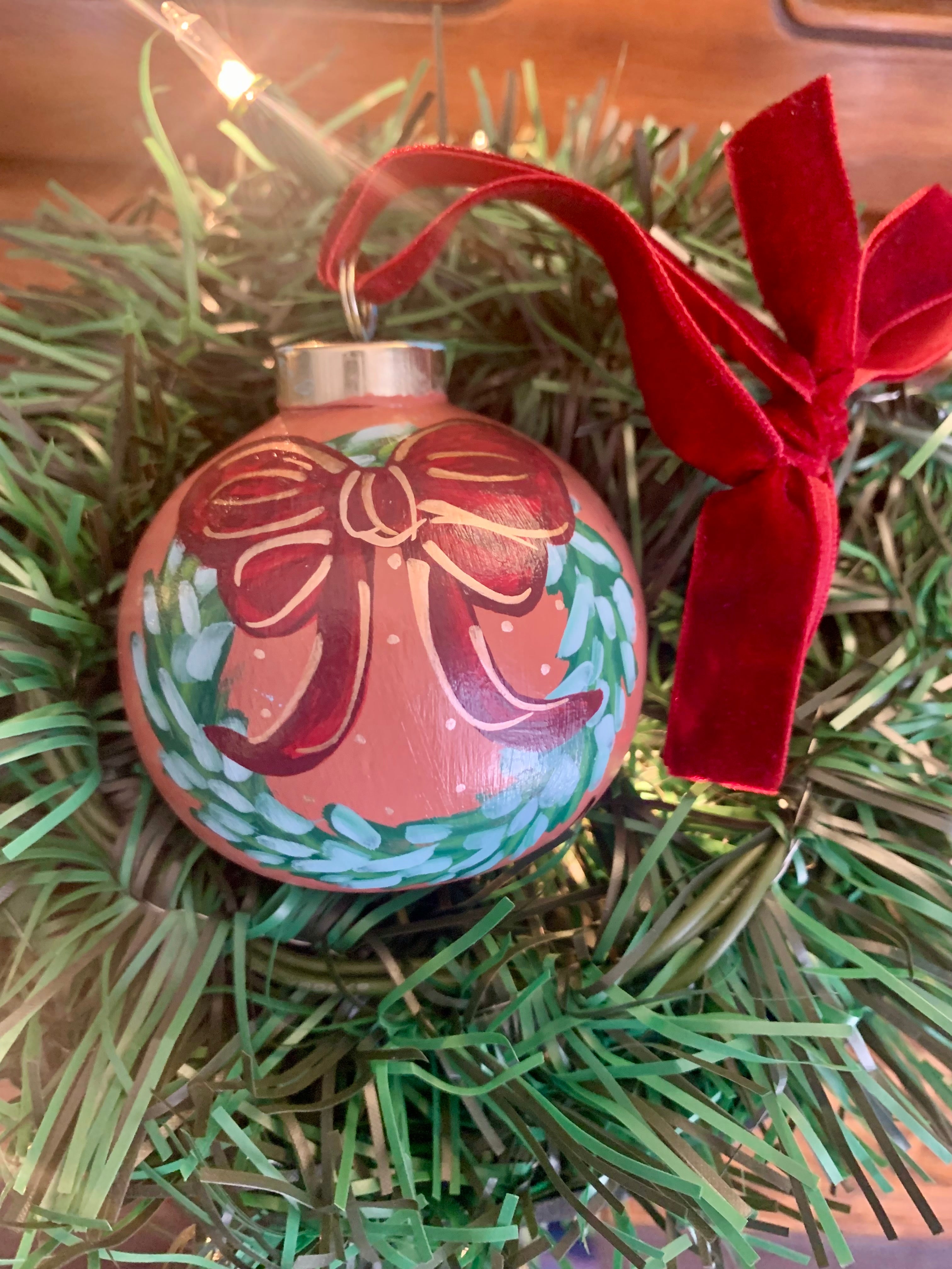 Hand-painted Wreath with Bow Ornament