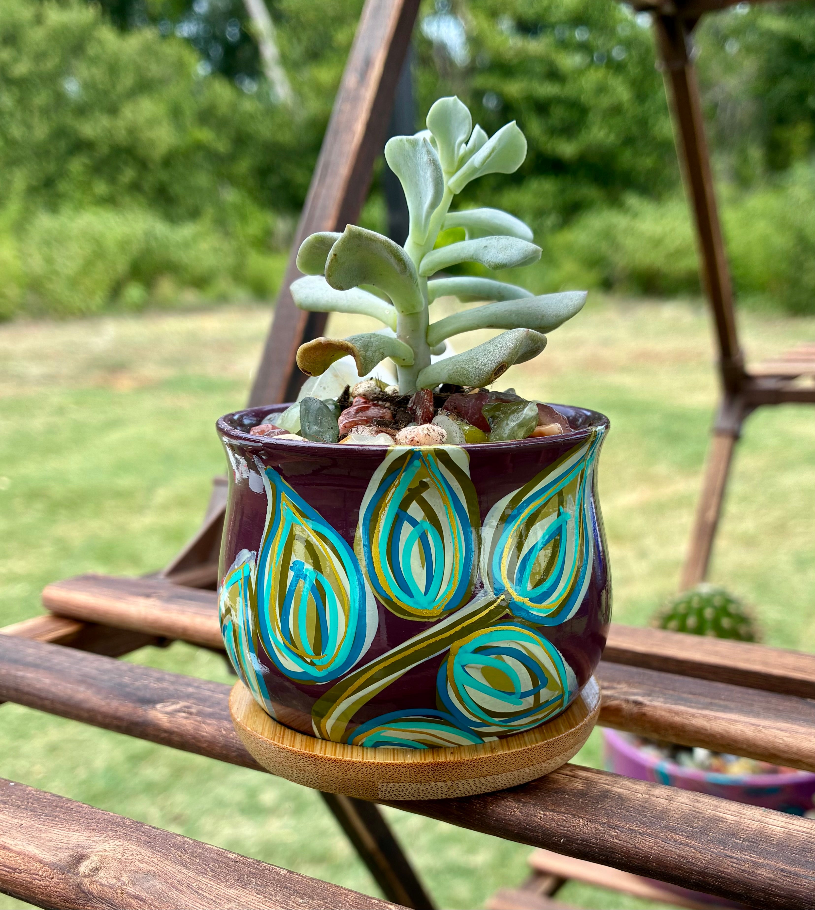 Layered Leaves- teal and gold on deep burgundy