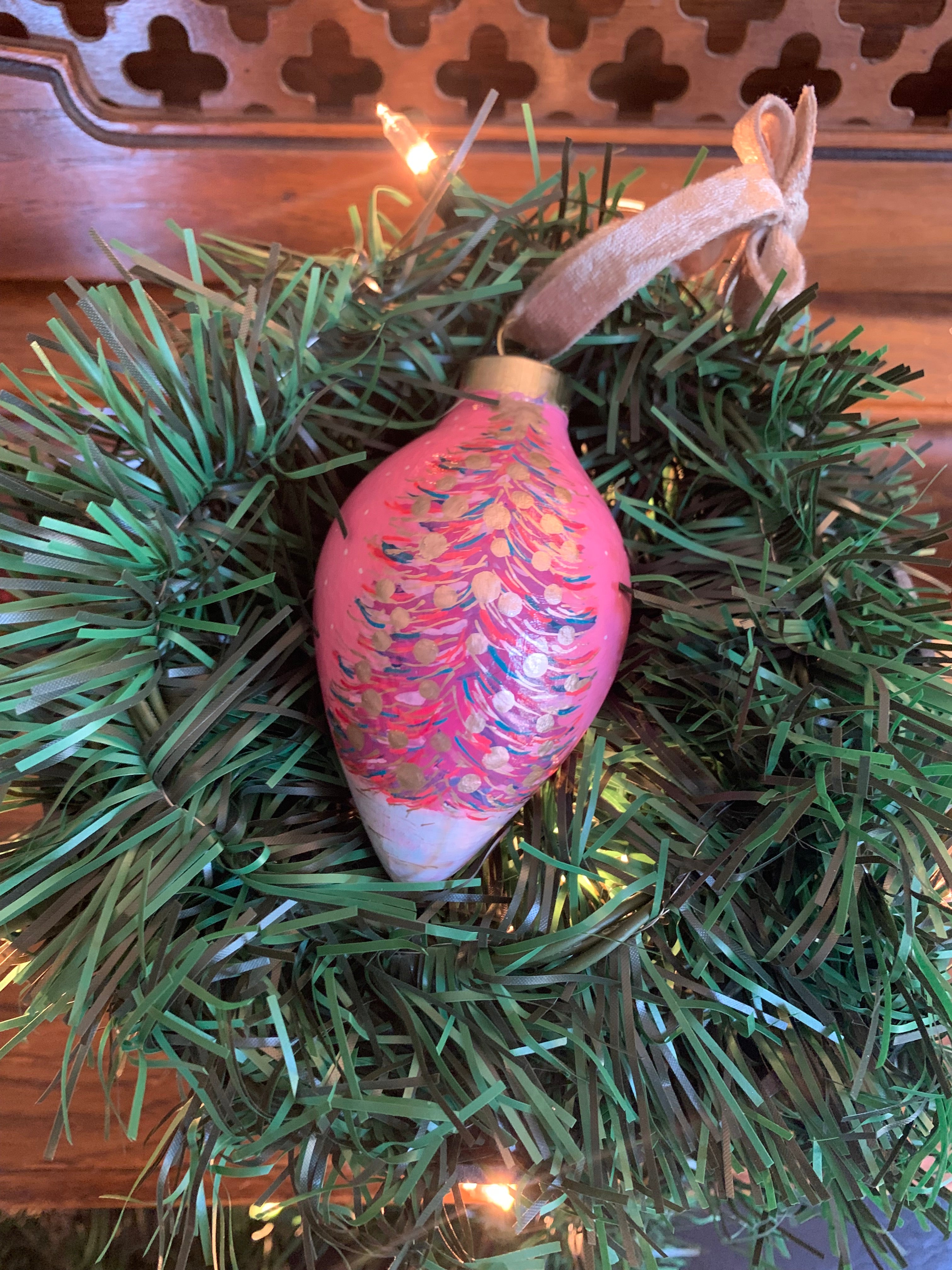 Hand-painted Peacock Pink Christmas Tree Ceramic Teardrop Bauble