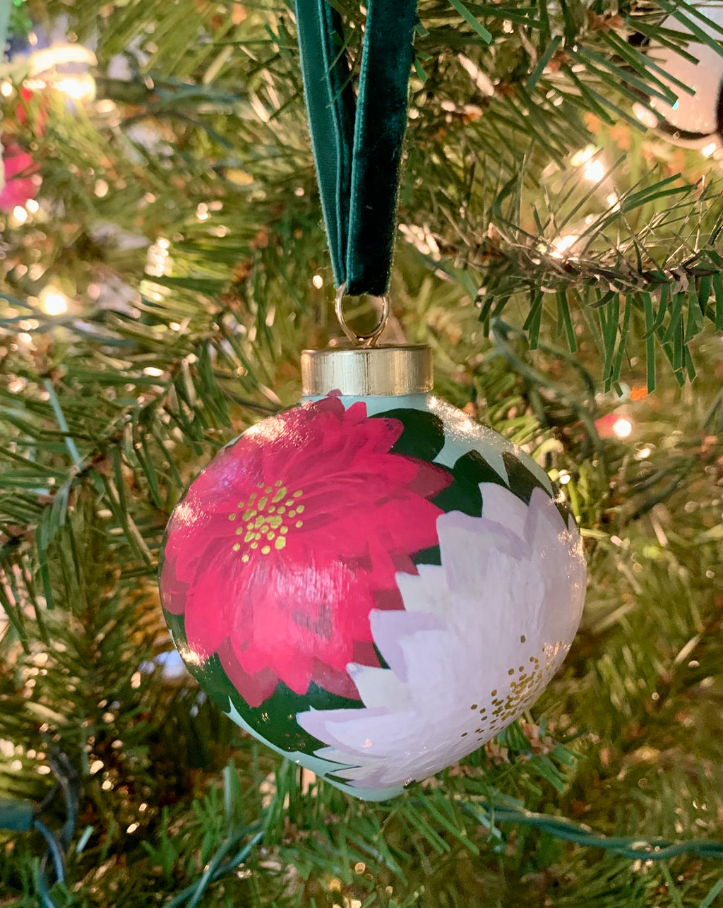 Hand-Painted Poinsettia Inspired Ceramic Drop Bauble