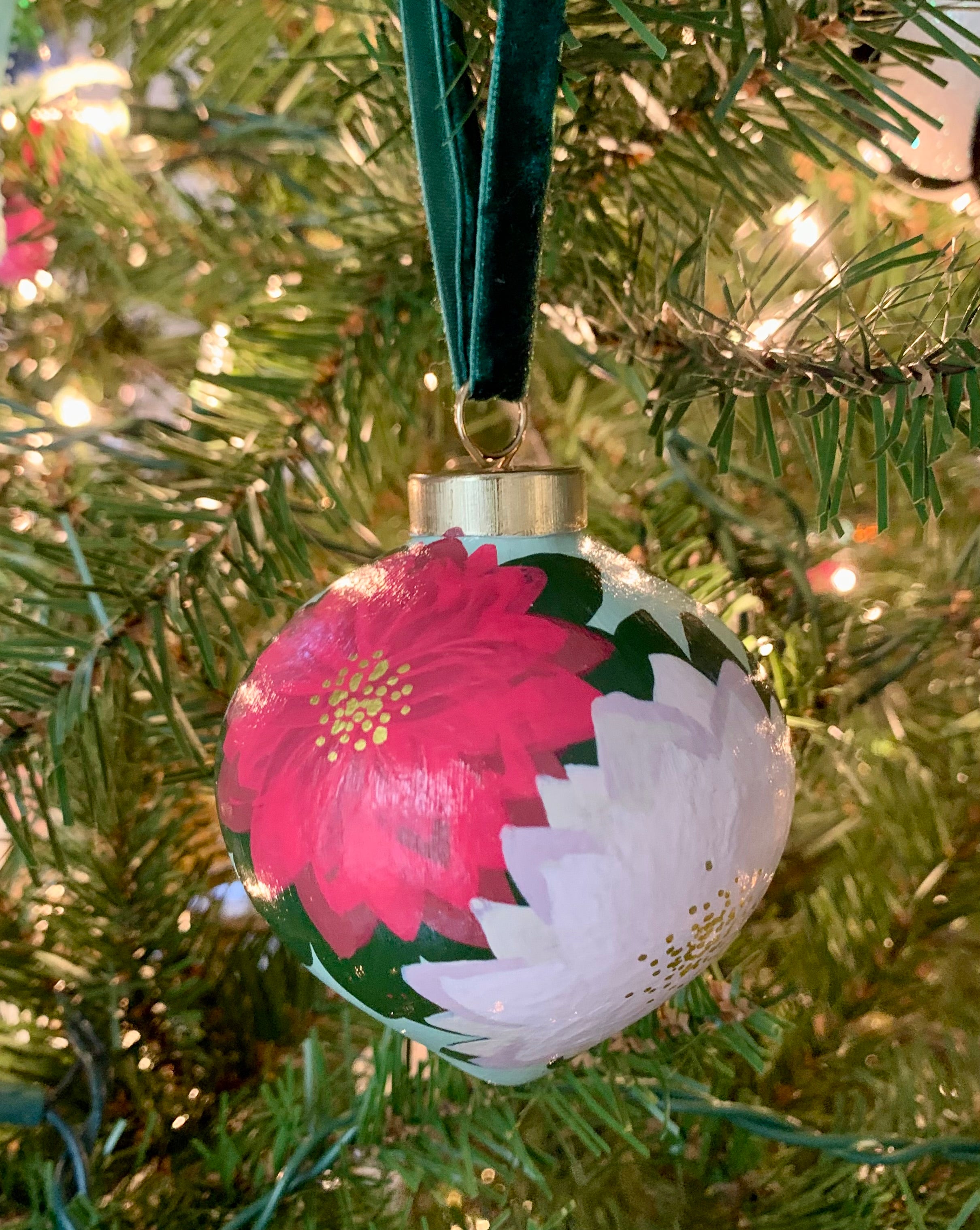 Hand-Painted Poinsettia Inspired Ceramic Drop Bauble