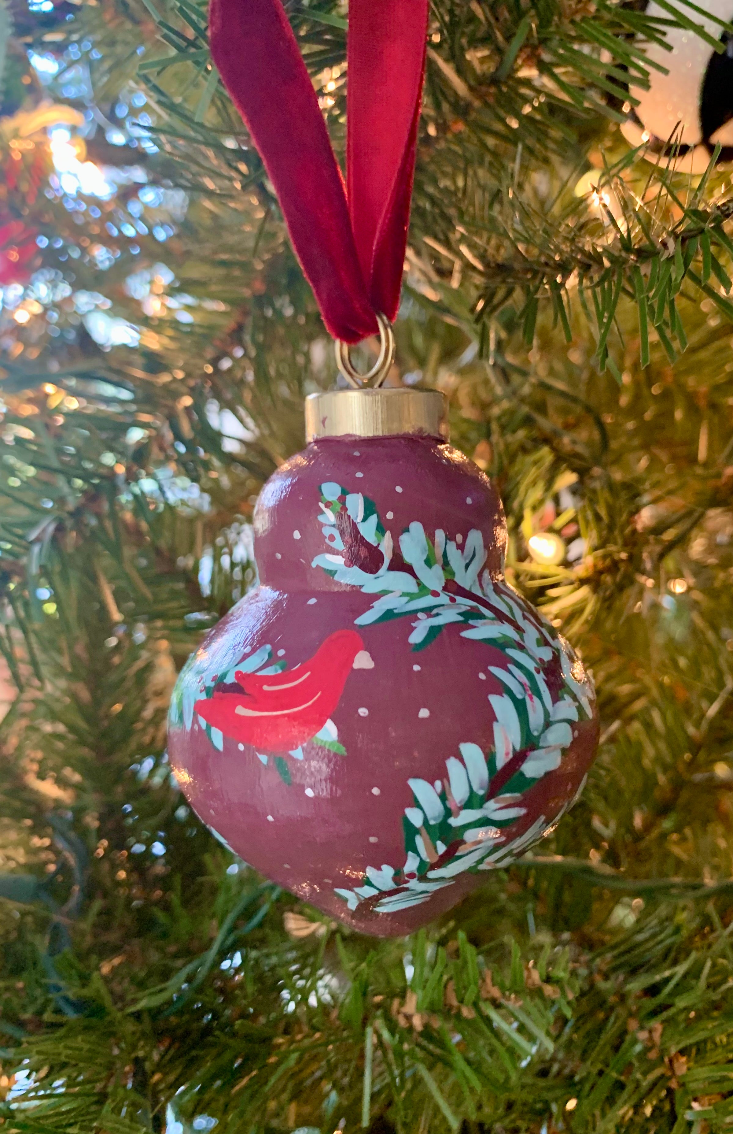 Hand-painted Ceramic Ornament Snowy Branches with Cardinal