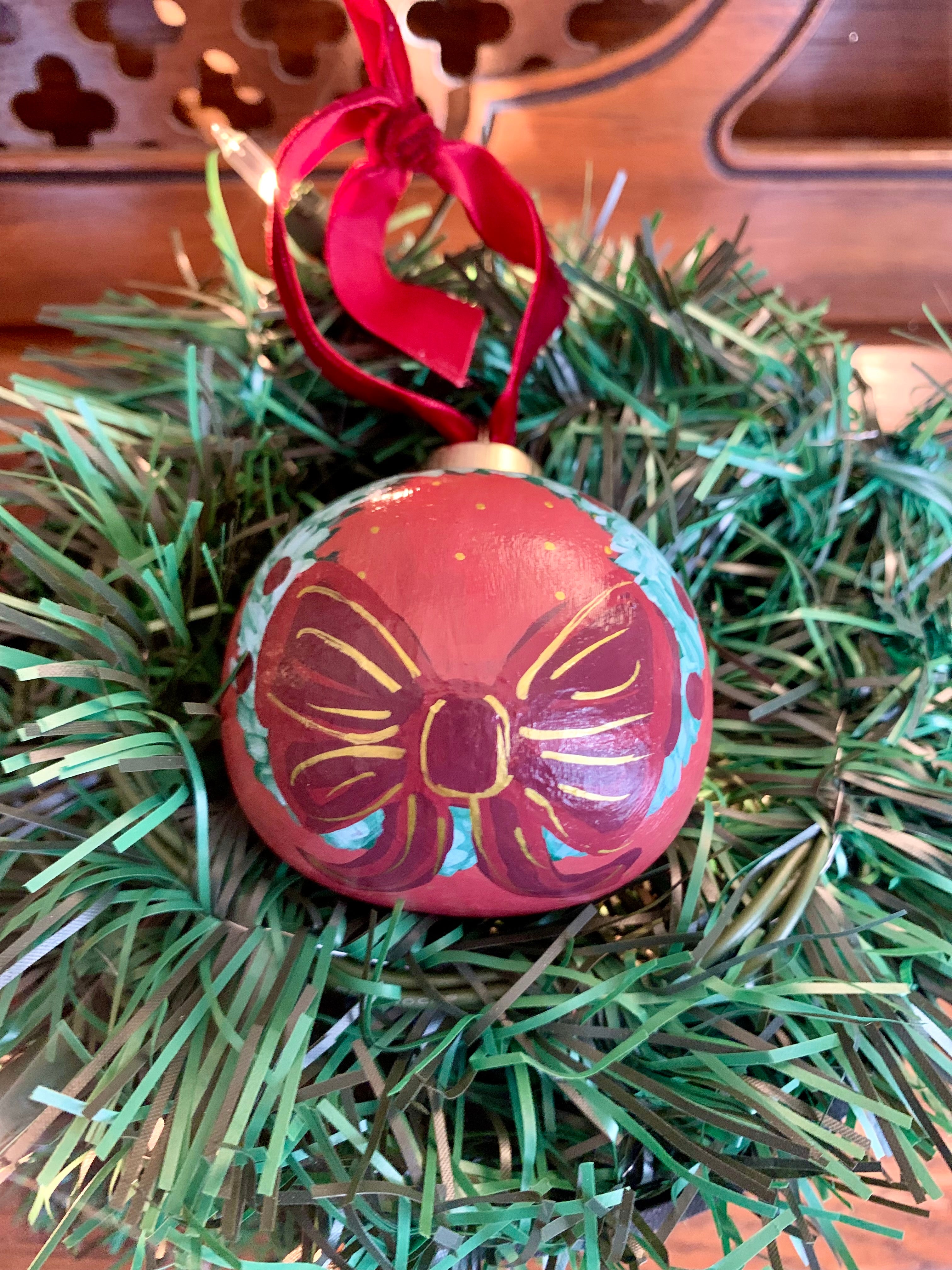 Hand-painted Ceramic Ornament with Burgundy Bow and Ornaments on Wreath