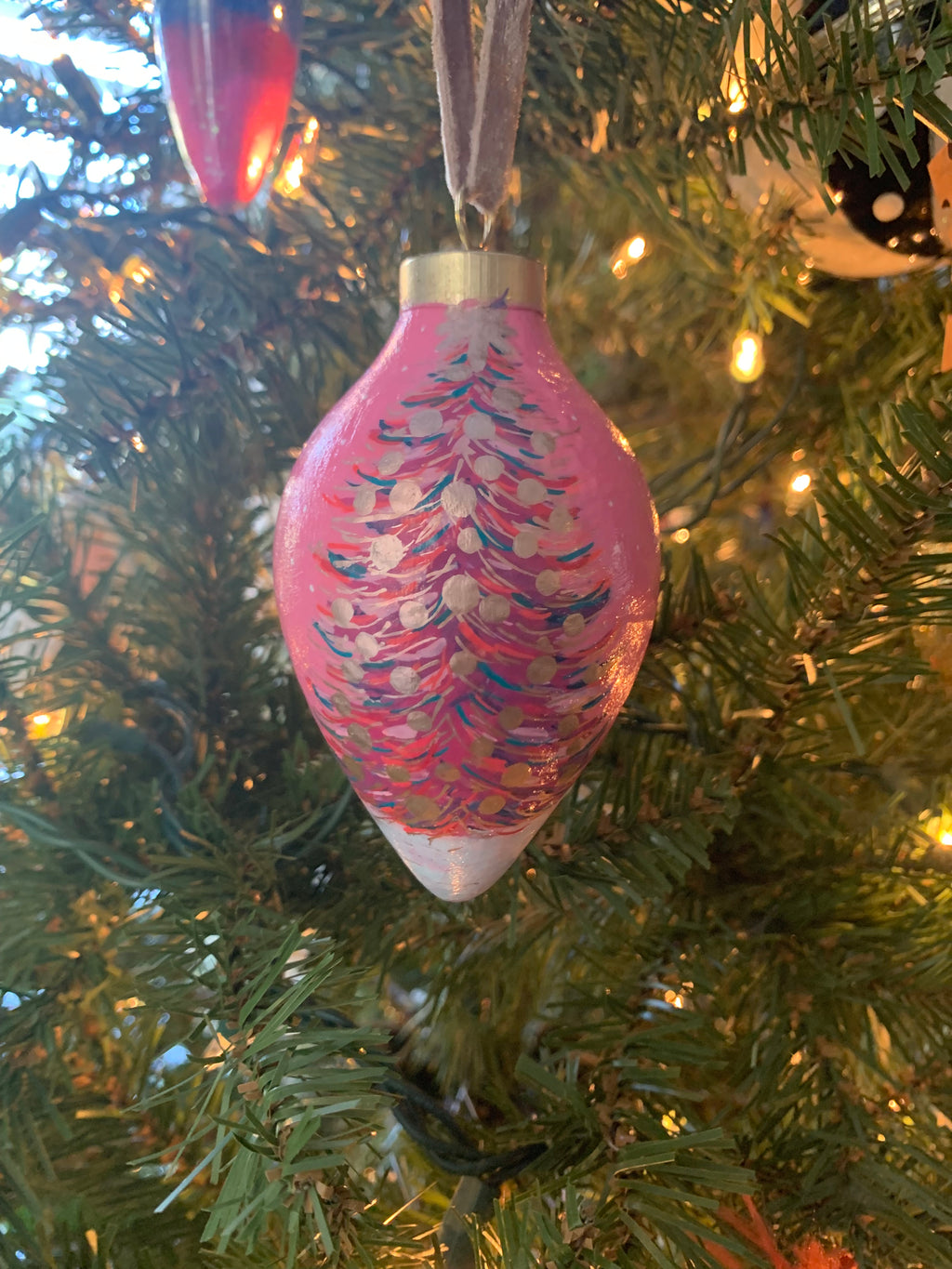Hand-painted Peacock Pink Christmas Tree Ceramic Teardrop Bauble