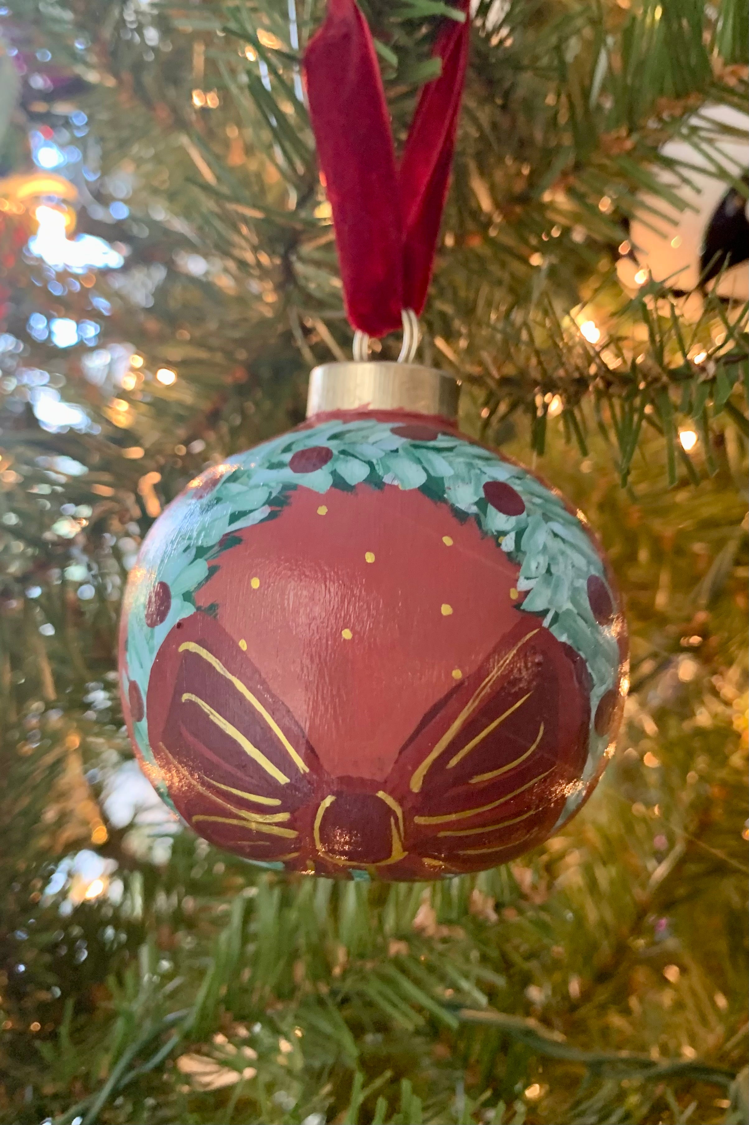 Hand-painted Ceramic Ornament with Burgundy Bow and Ornaments on Wreath