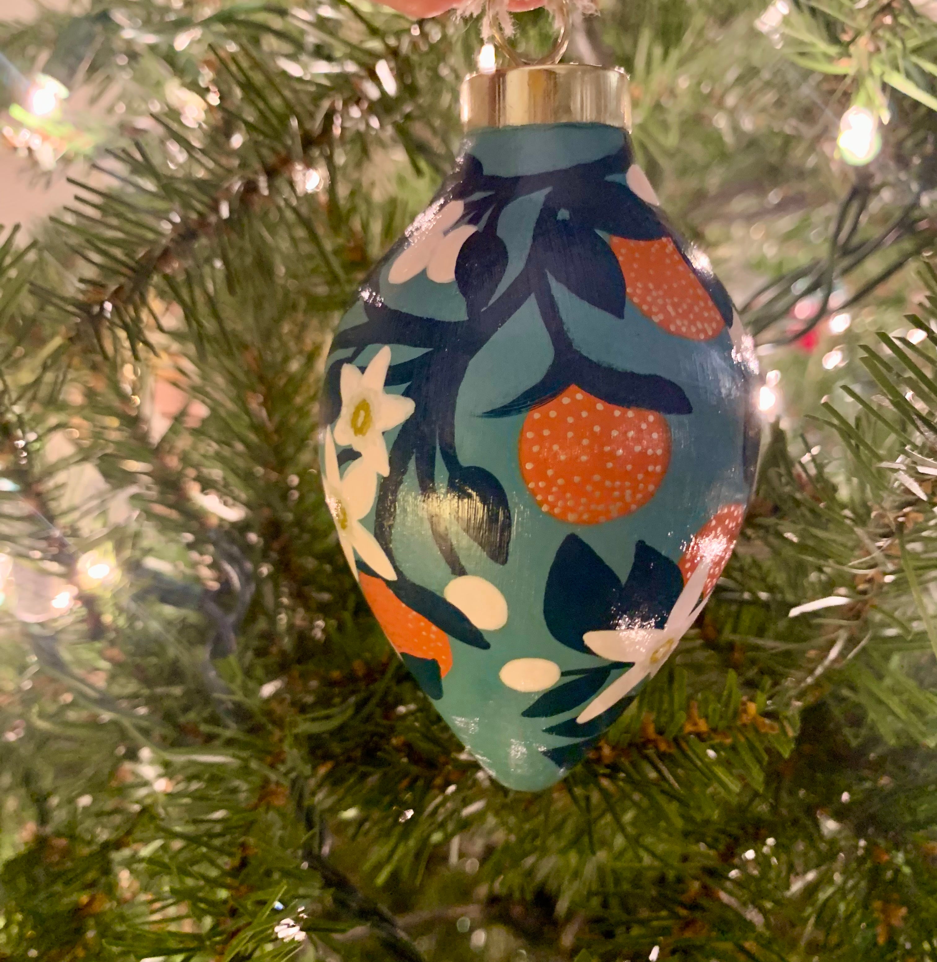 Hand-painted Orange Blossoms Teardrop Bauble