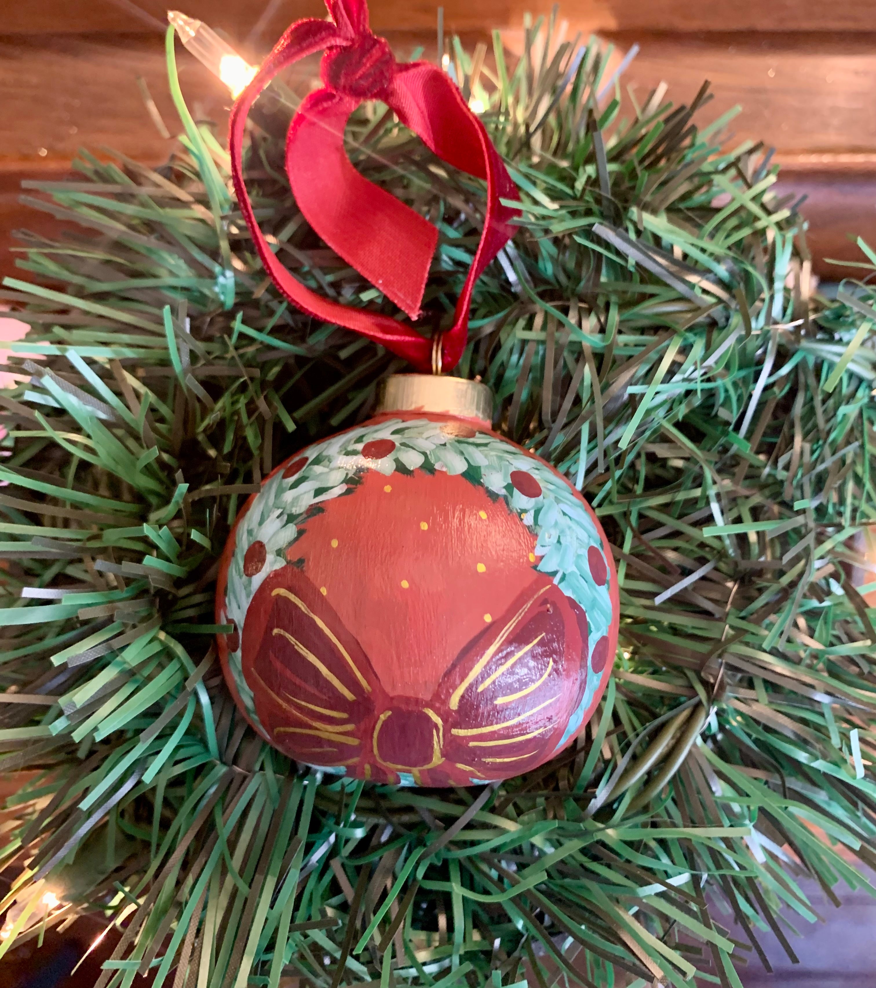 Hand-painted Ceramic Ornament with Large Pink Bow and Ornaments on Wreath