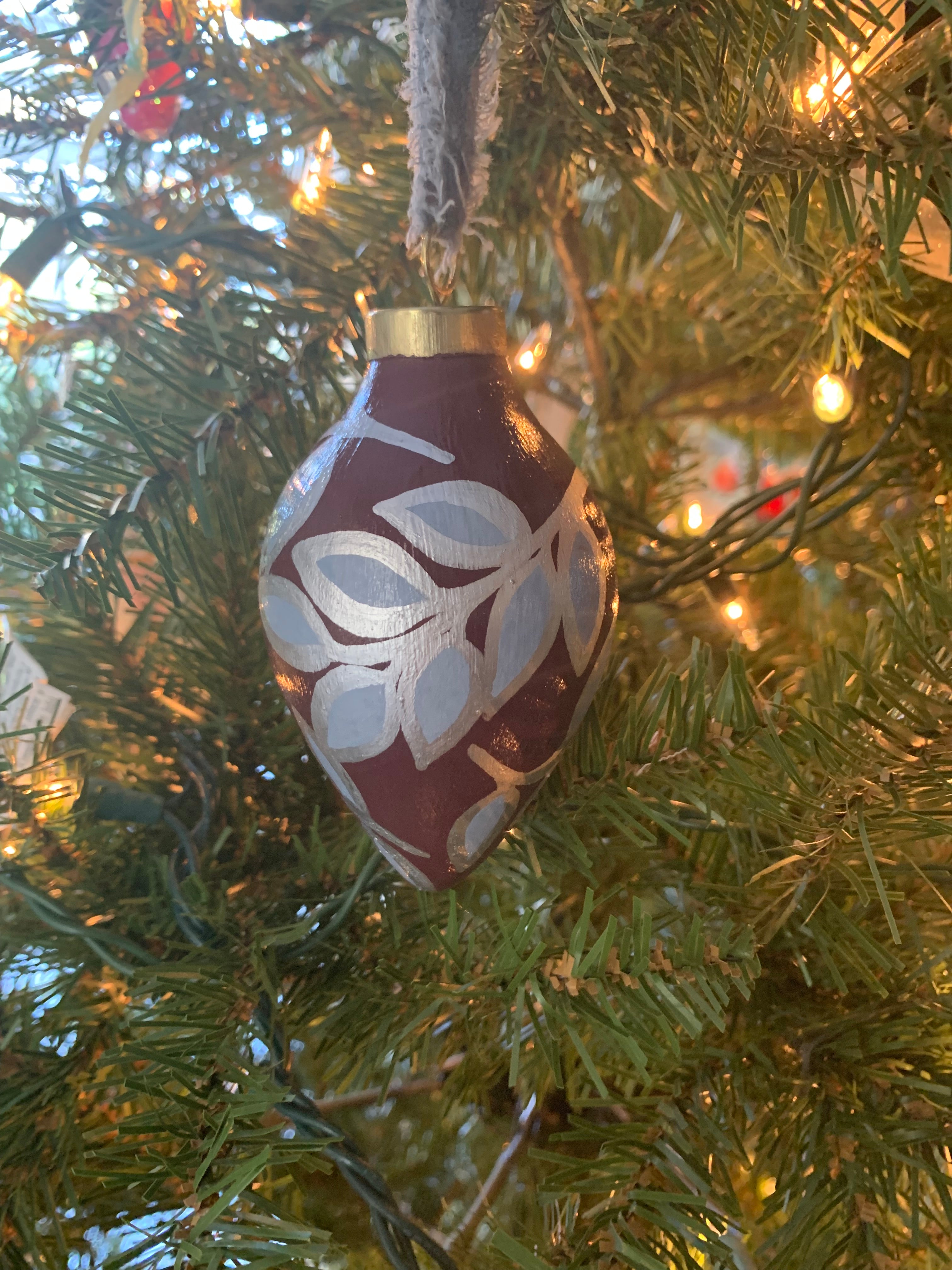 Hand-painted Leaf Ceramic Teardrop Bauble in Pale Blue and Silver