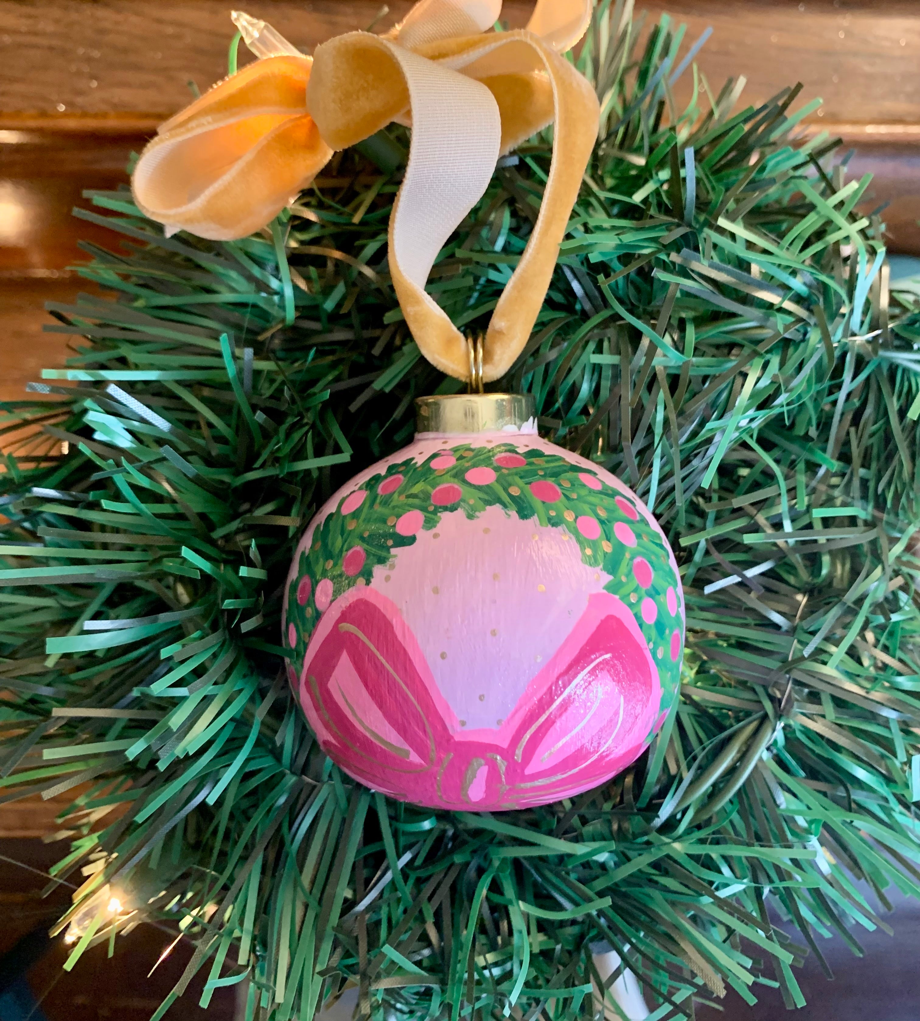 Hand-painted Ceramic Ornament with Large Pink Bow and Ornaments on Wreath