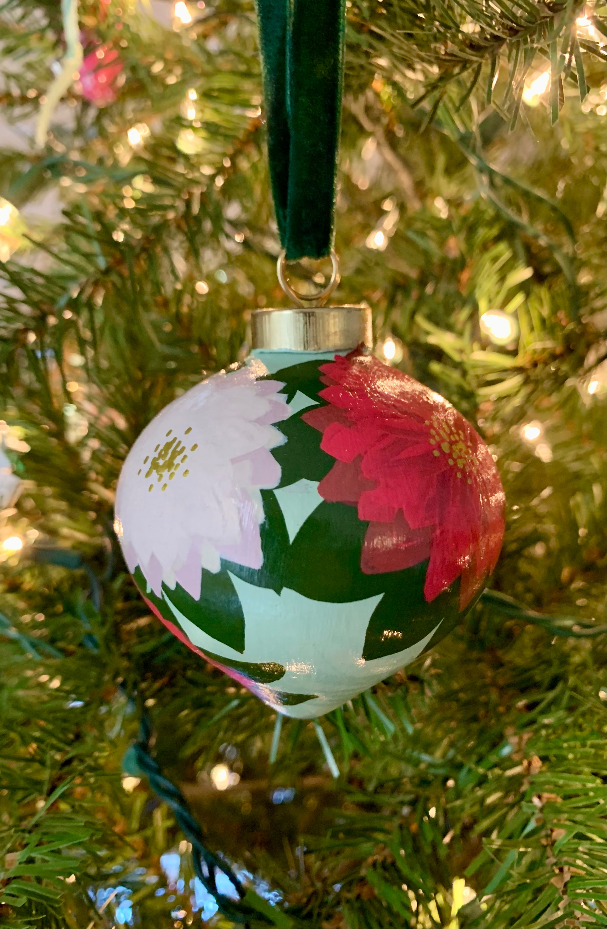 Hand-Painted Poinsettia Inspired Ceramic Drop Bauble