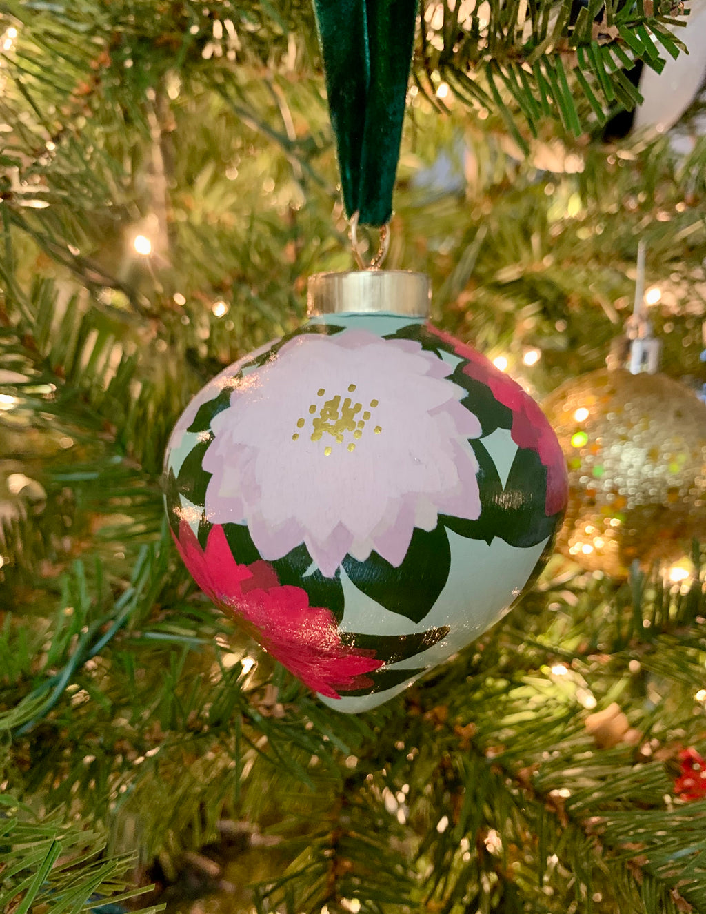 Hand-Painted Poinsettia Inspired Ceramic Drop Bauble