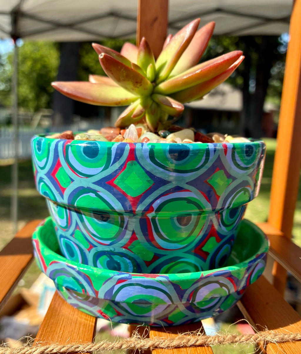 Layered Circles- greens and reds with navy