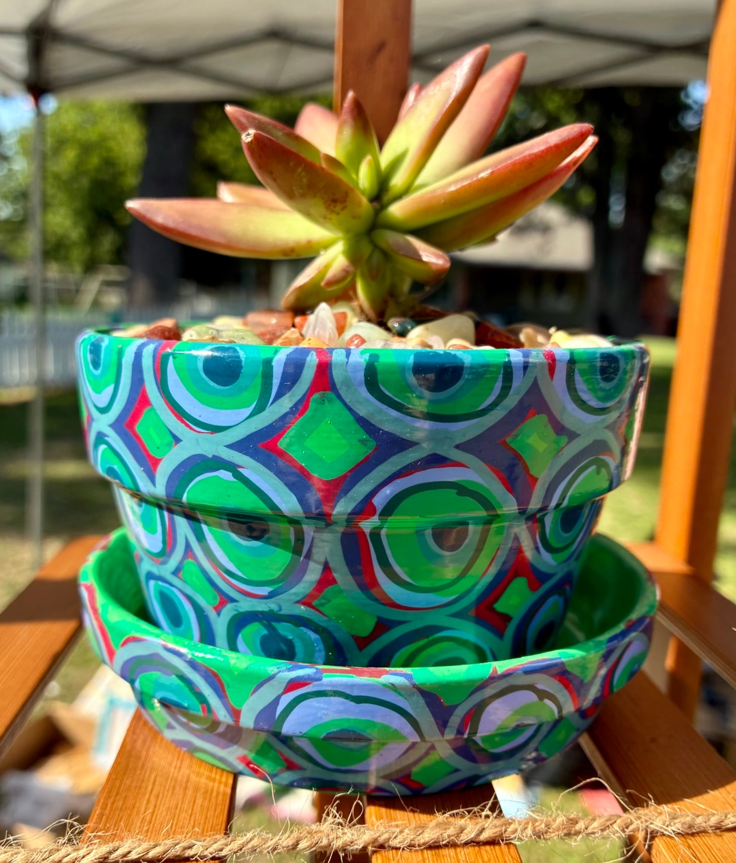 Layered Circles- greens and reds with navy