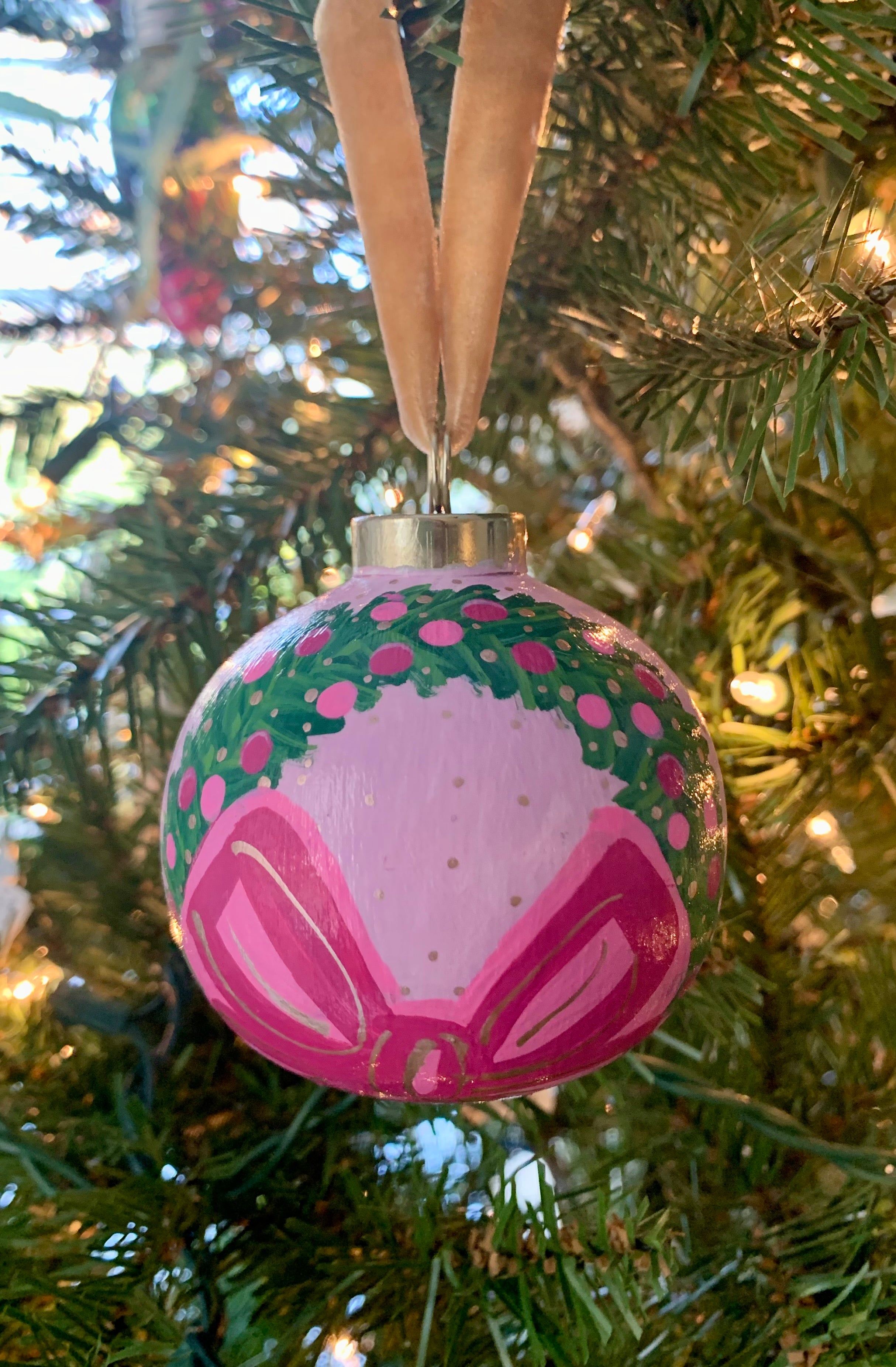 Hand-painted Ceramic Ornament with Large Pink Bow and Ornaments on Wreath