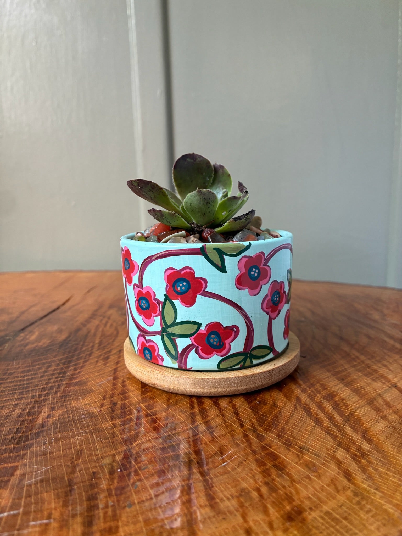 Floral Swoops- burgundy on light blue
