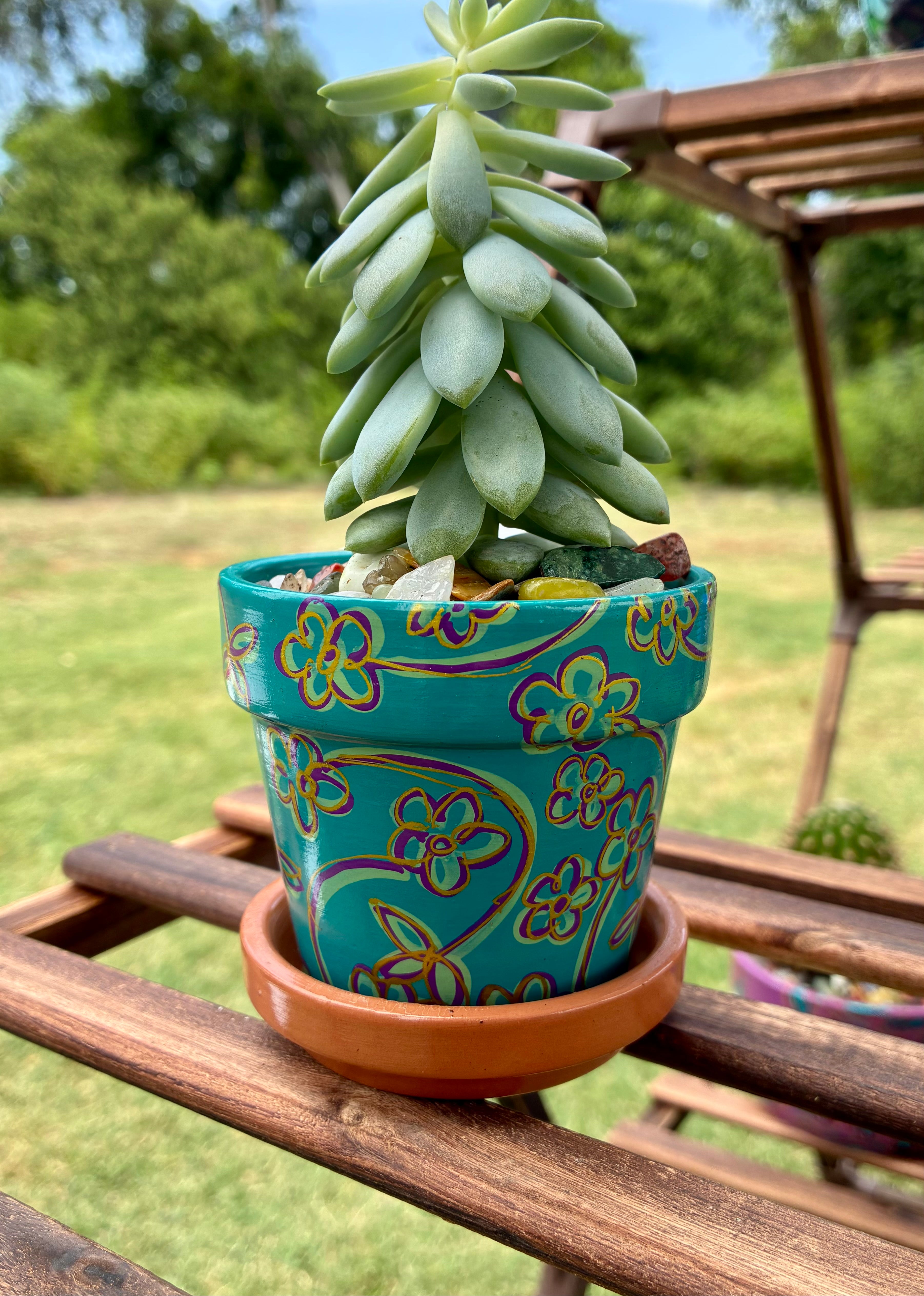 Floral Swoops- purple and green with gold on teal