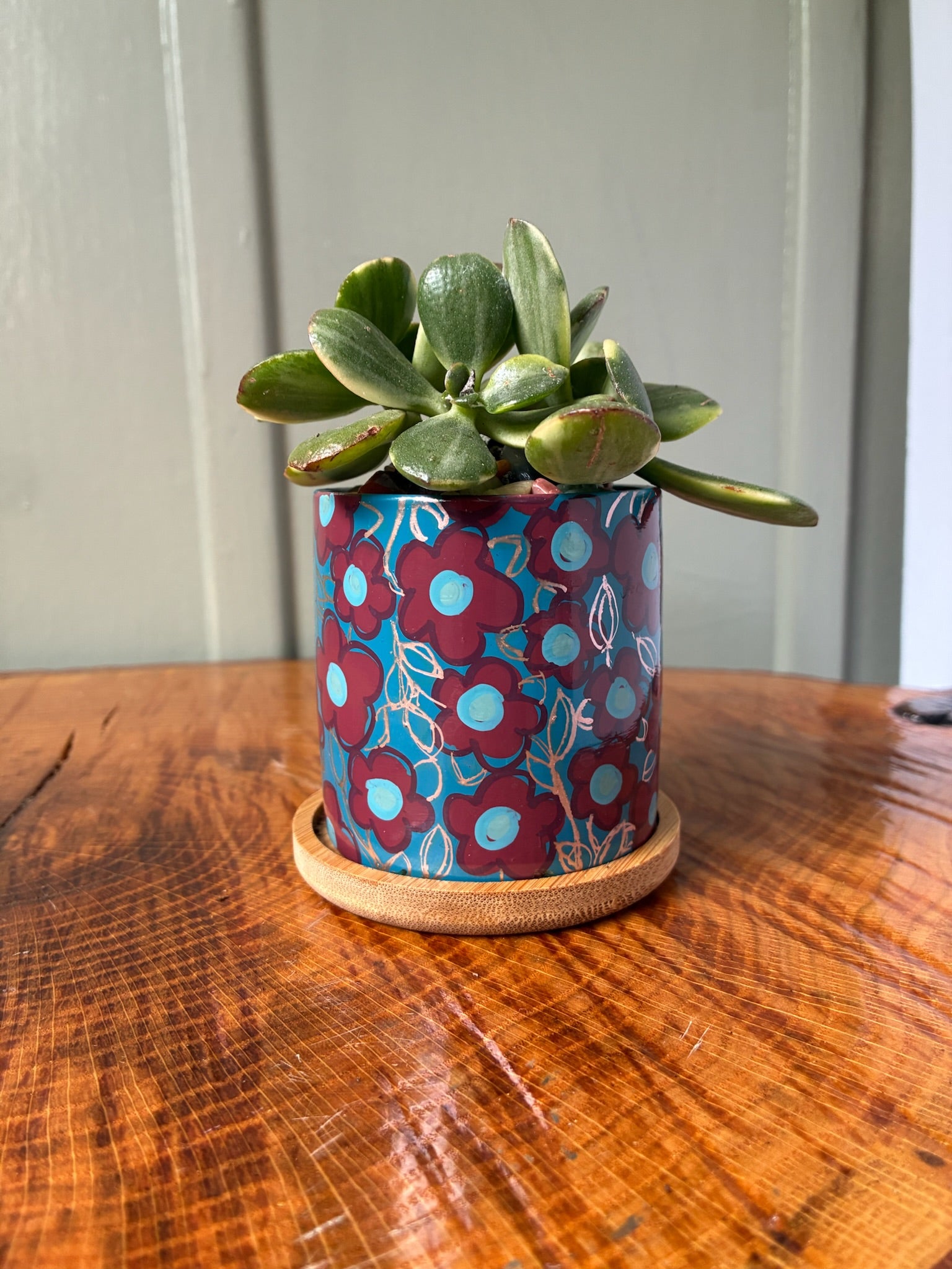 Florals and Leaves- burgundy and rose gold on dark blue