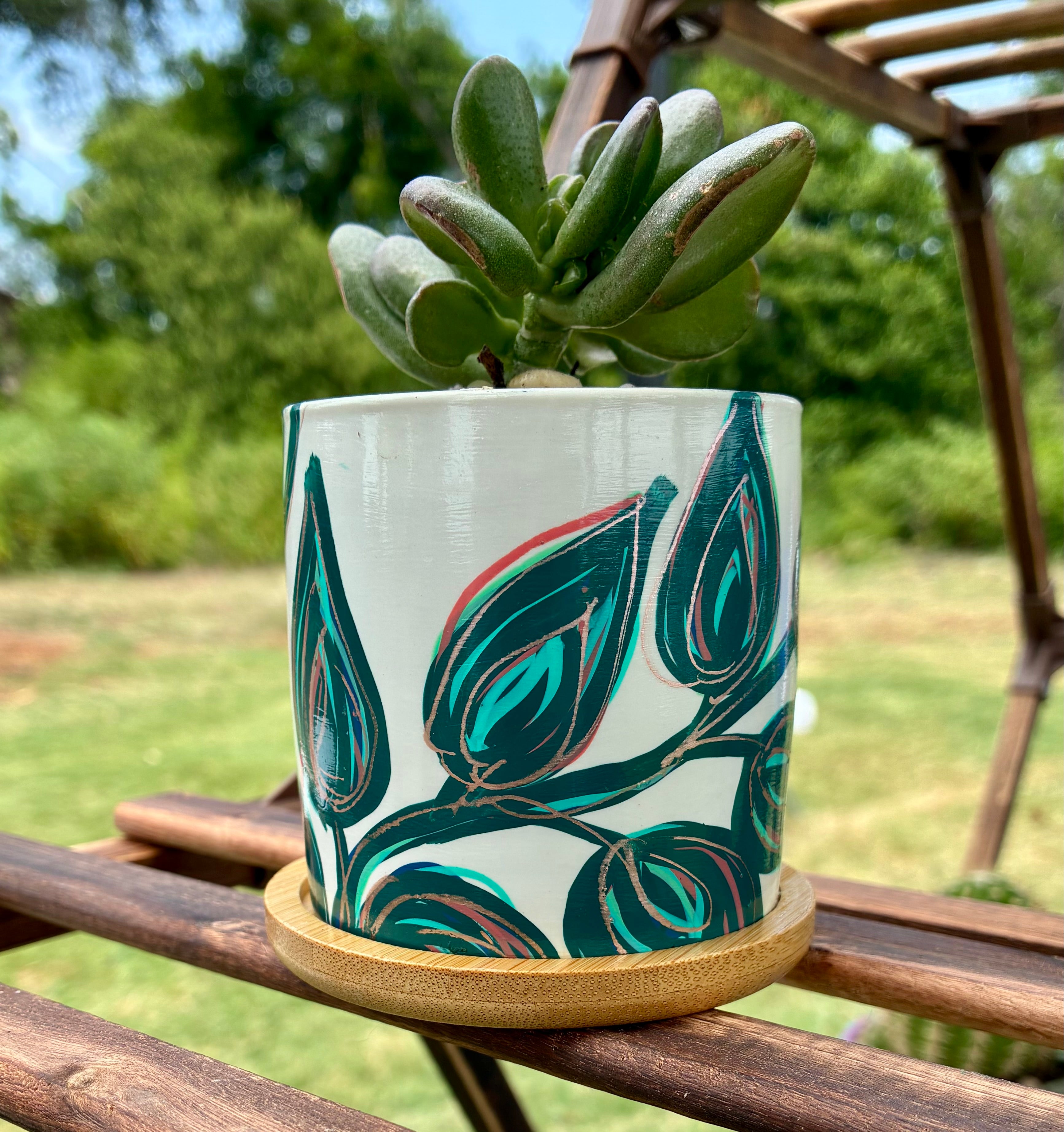 Layered Leaves- teal, turquoise, and hot pink with rose gold on white