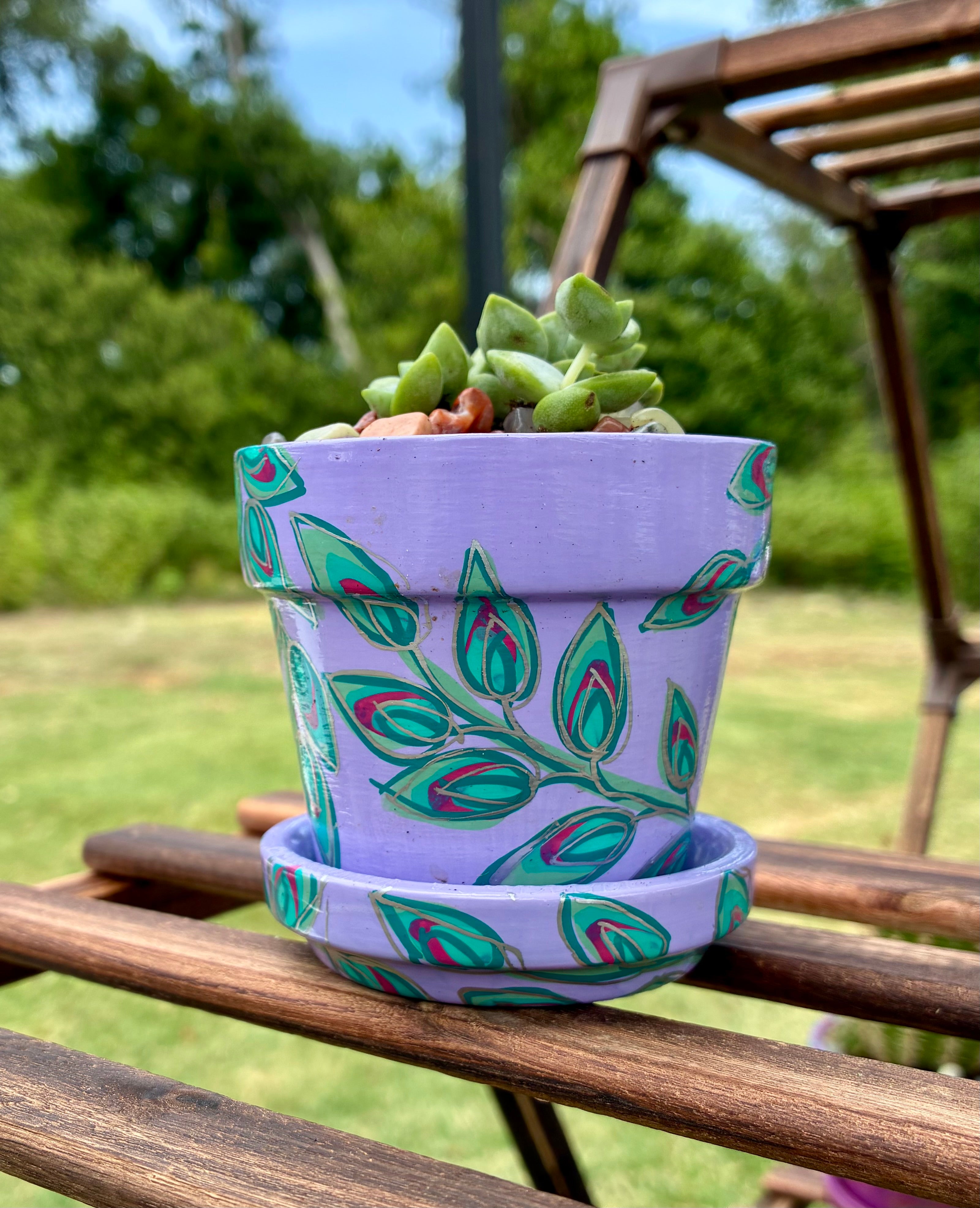 Layered Leaves- teal, turquoise, and hot pink with silver on purple